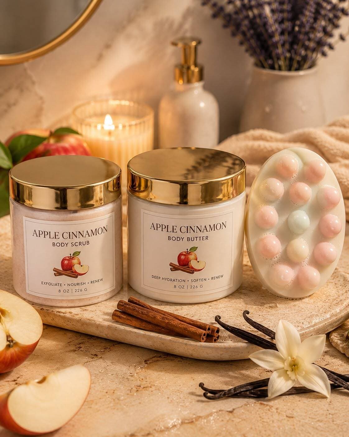 El ritual de otoño: body scrub, body butter y jabón de masaje. Apple Cinnamon.