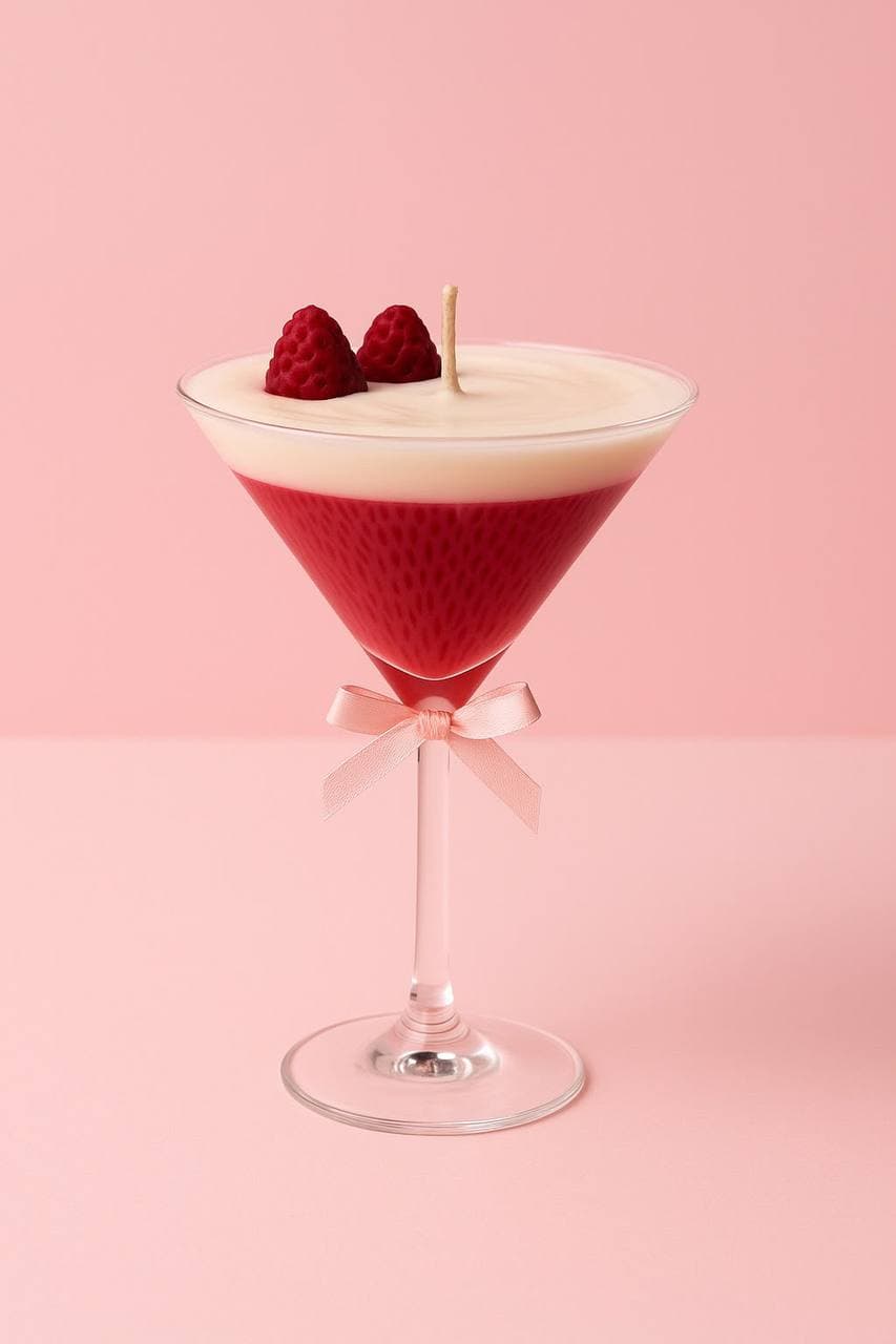 Vela en copa de martini con espuma de cera y frutos rojos. Con moño.