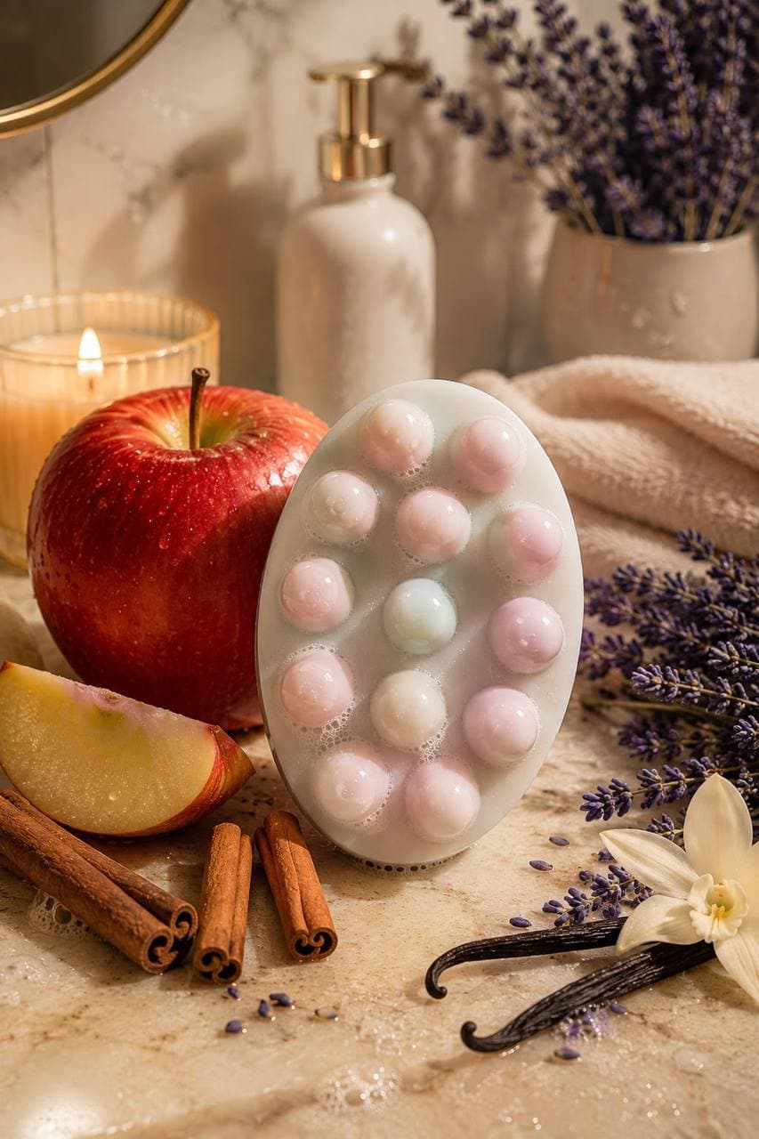 Jabón con relieve de masaje en una cara. Manzana o lavanda y vainilla.