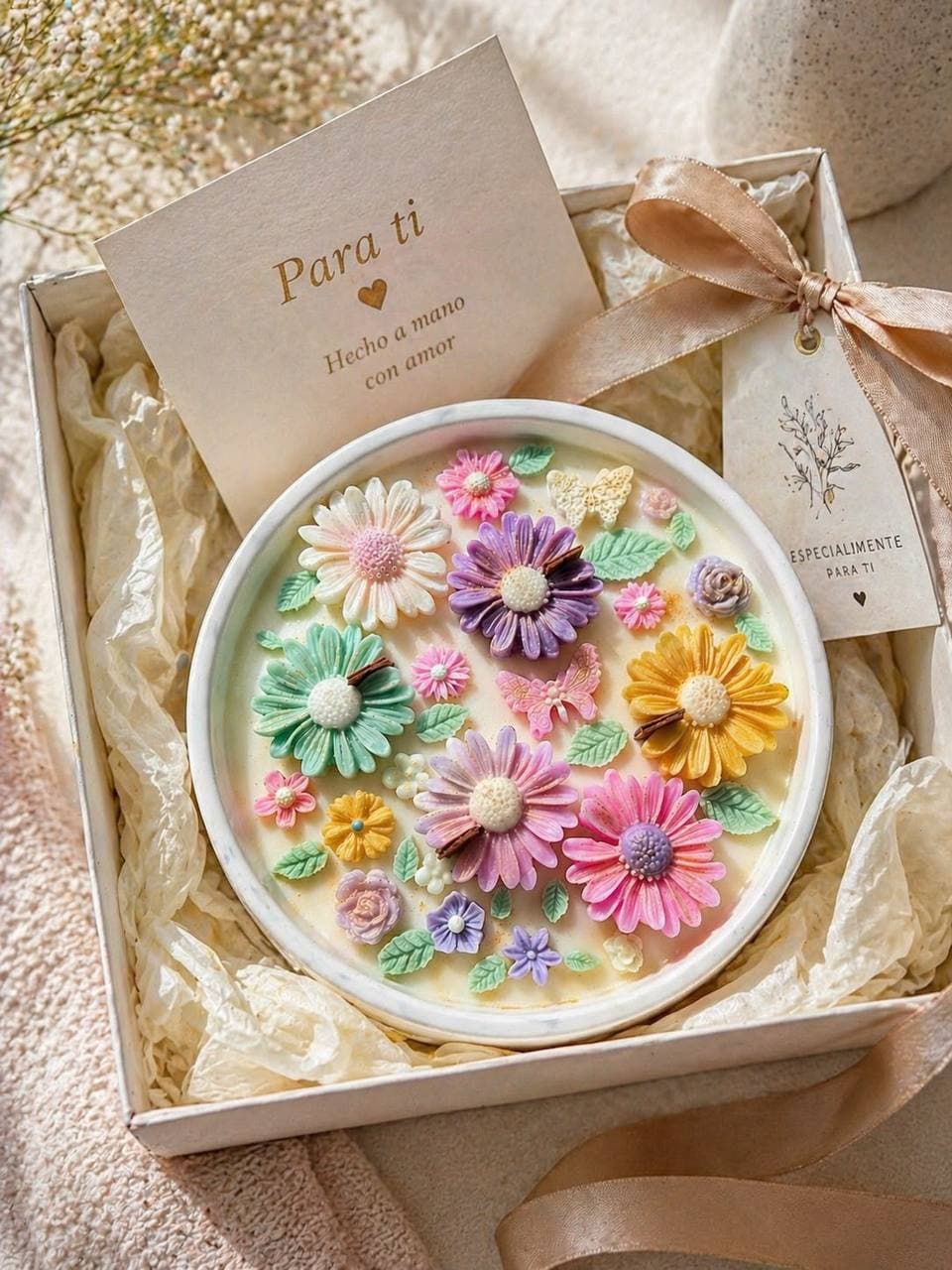 Vela floral en caja de regalo con tarjeta 'Hecho a mano con amor'.