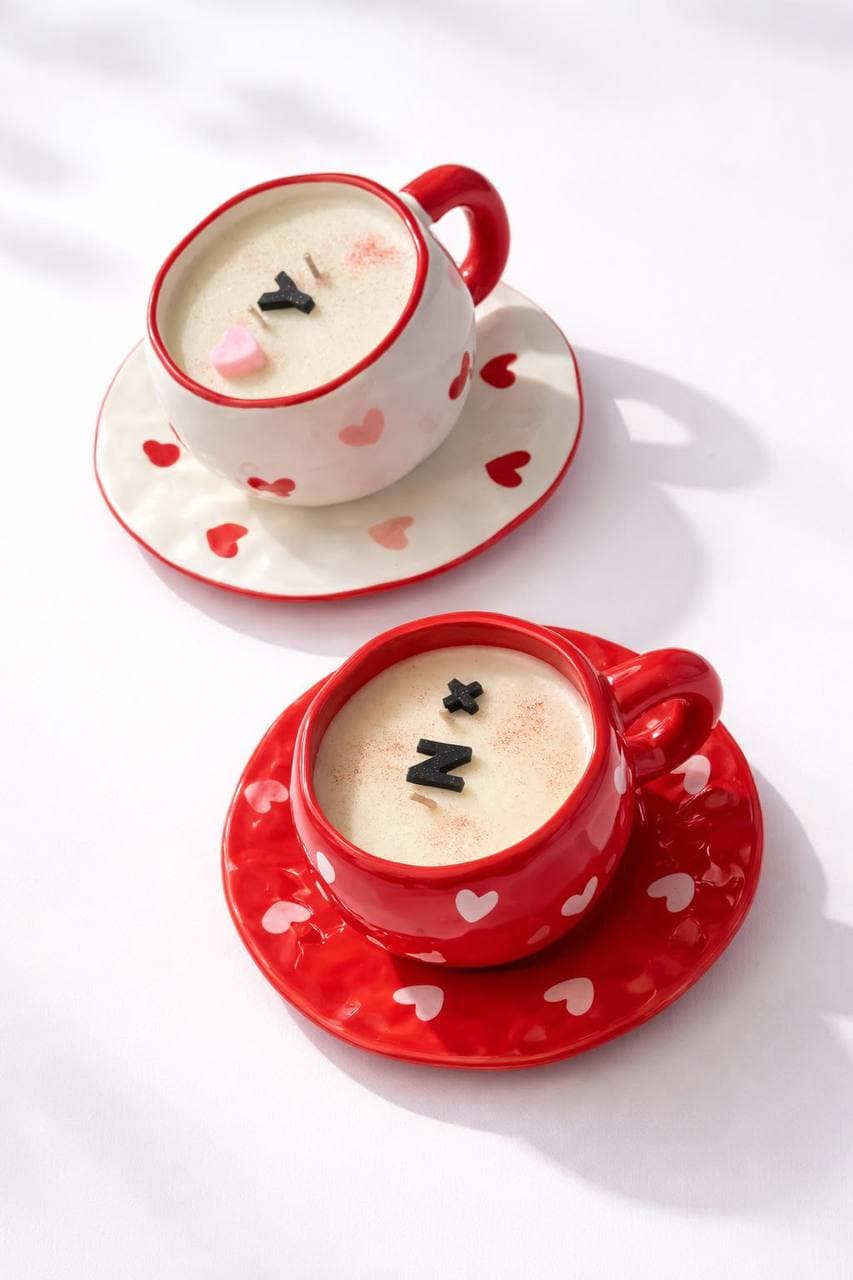 Taza de cerámica con corazones y espuma de latte de cera. Con inicial.