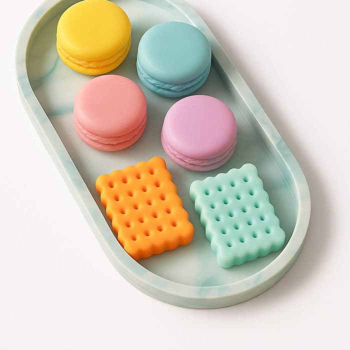 Set de wax melts de macarons y galletas sobre bandeja de mármol pastel.