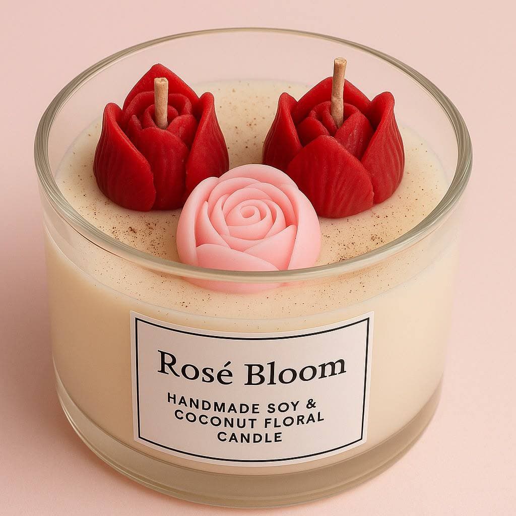 Vela floral de soja y coco, coronada a mano con rosas de cera.