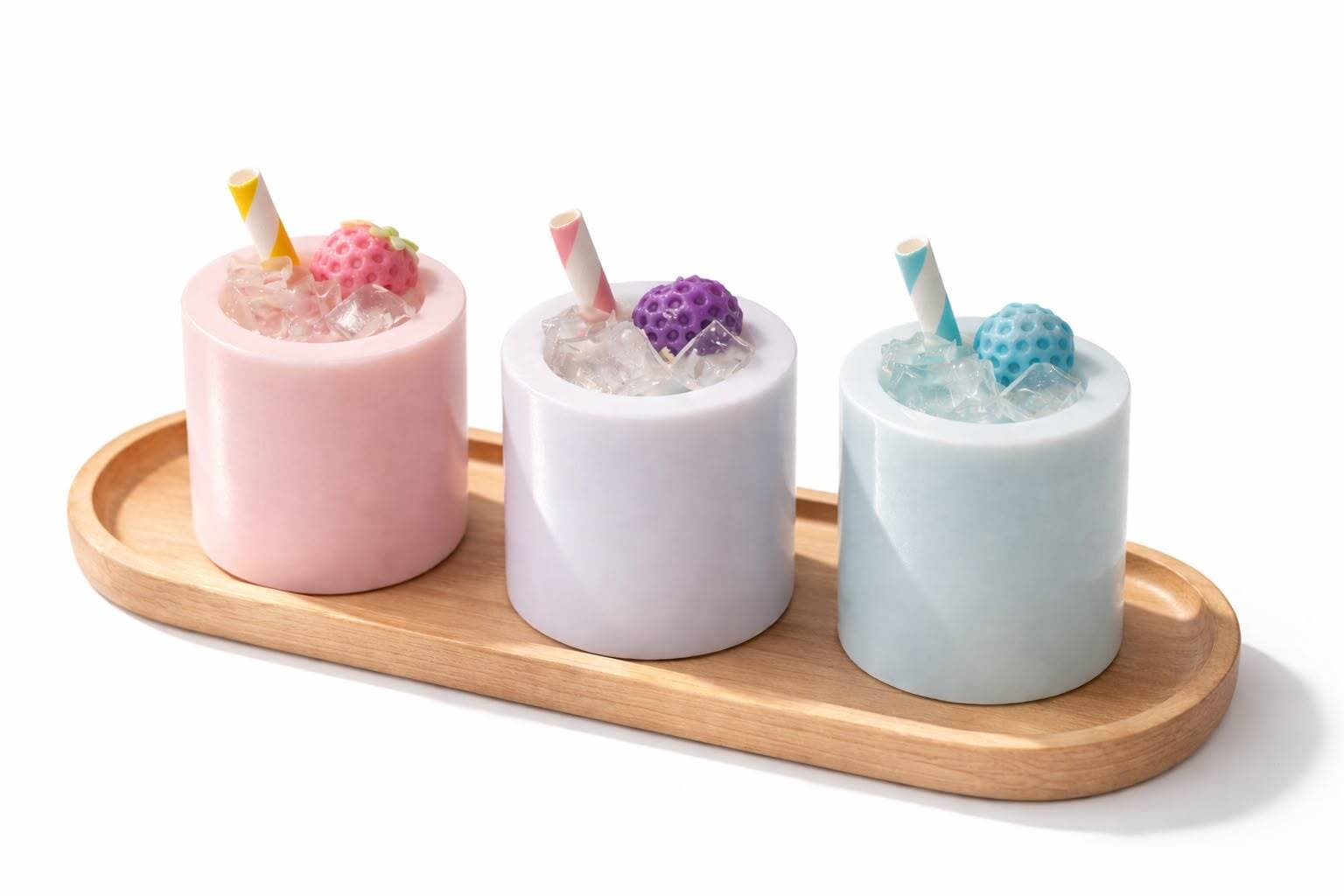 Trío de smoothies de cera en pasteles, cada uno con su propio aroma.