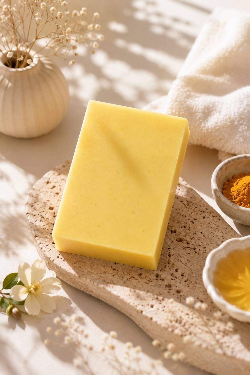Nuestro jabón más buscado: cúrcuma natural que aclara y unifica el tono.