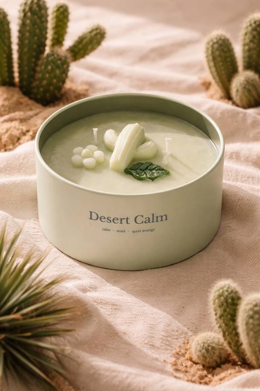 Lata verde salvia con un cactus de cera esculpido. Calma · reset · quiet energy.