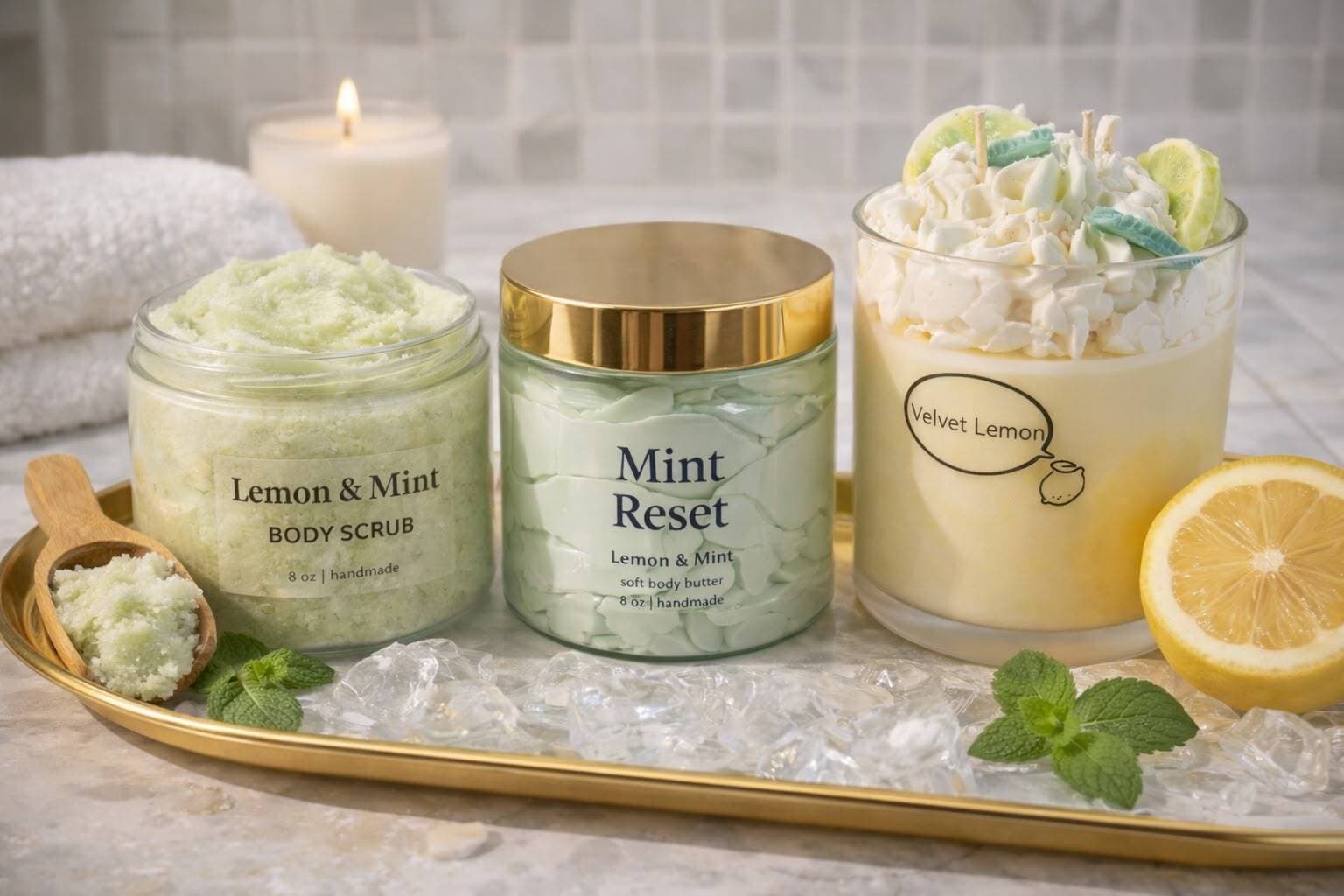 Bundle deluxe Lemon & Mint: body scrub, body butter y vela de 16 oz.